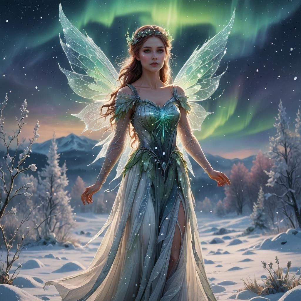 Aurora Fairy in Snowy Field: Watercolor Art