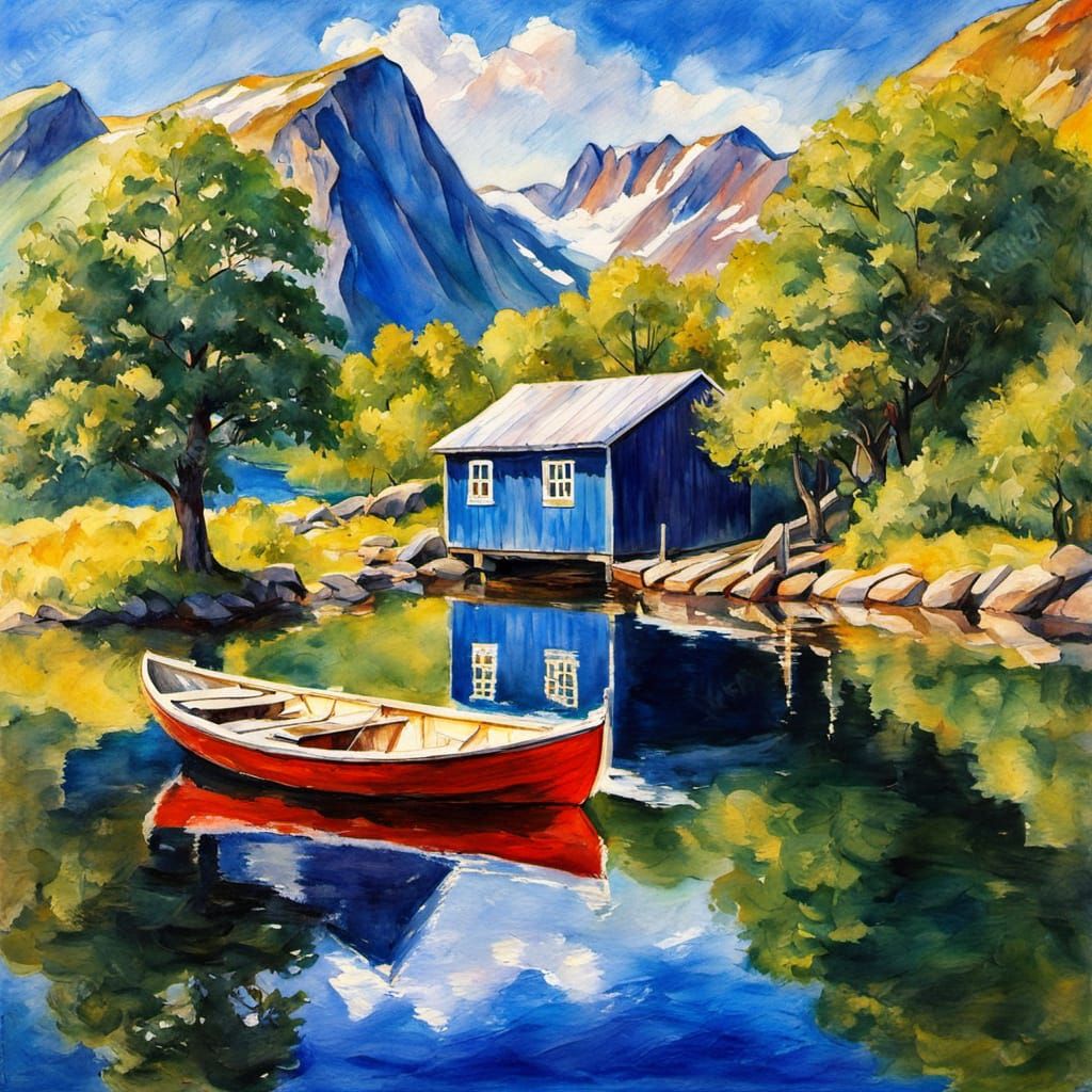 Nordlandsbåter Boat in Norwegian Fjord, Watercolor Impressio...