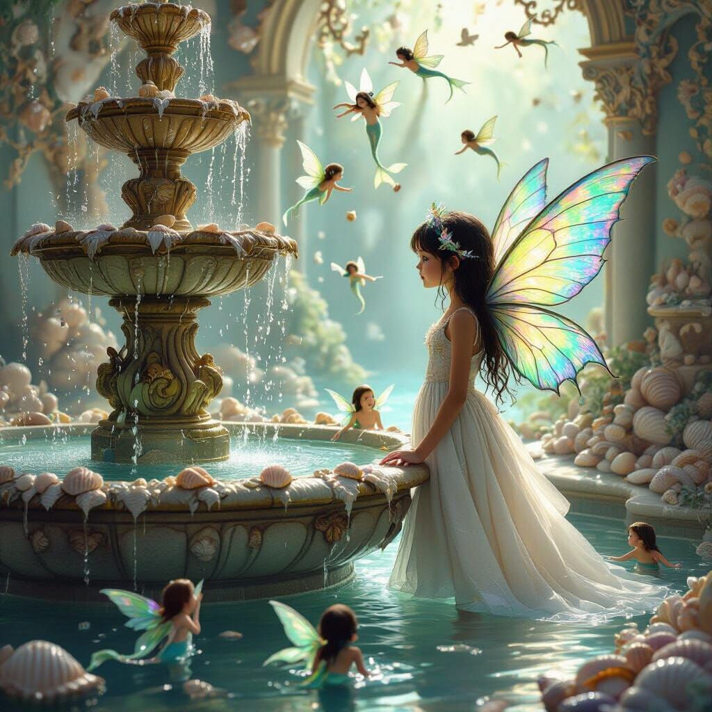 Girl with Mermaids Beside Seashell Fountain