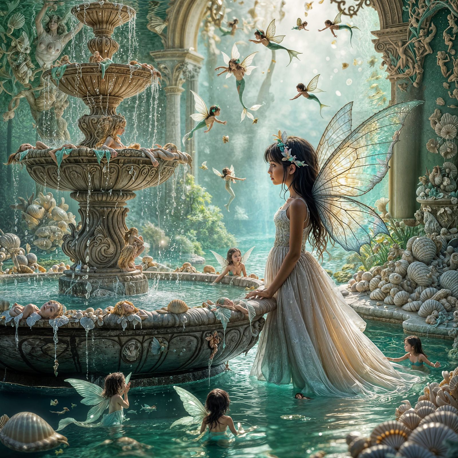 Magical Room with Seashell Fountain and Tiny Mermaids