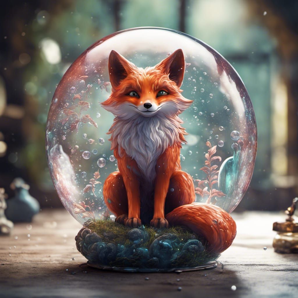 Whimsical Glass Bubble Fox: Detailed Matte Painting