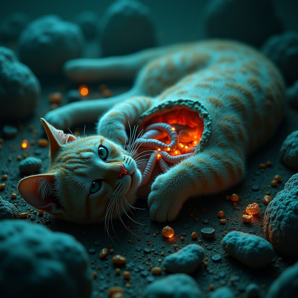 Deceased Disemboweled Cat in Dark Fantasy Environment