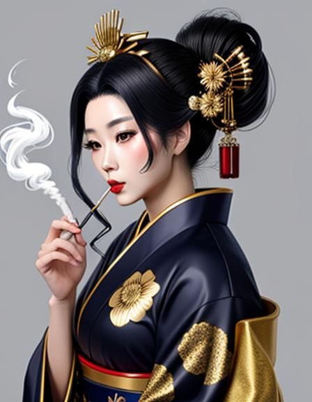 Young Geisha Smoking in Elaborate Kimono