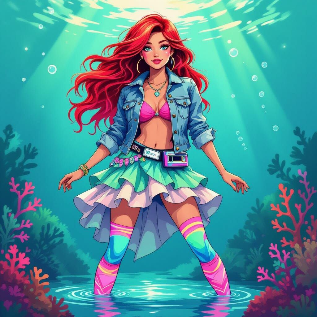Ariel in '80s Style with Mermaid Skirt and Neon Accents