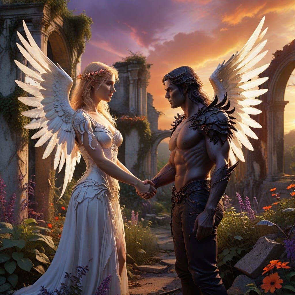 Angel and Demon Shaking Hands in Ruined Garden