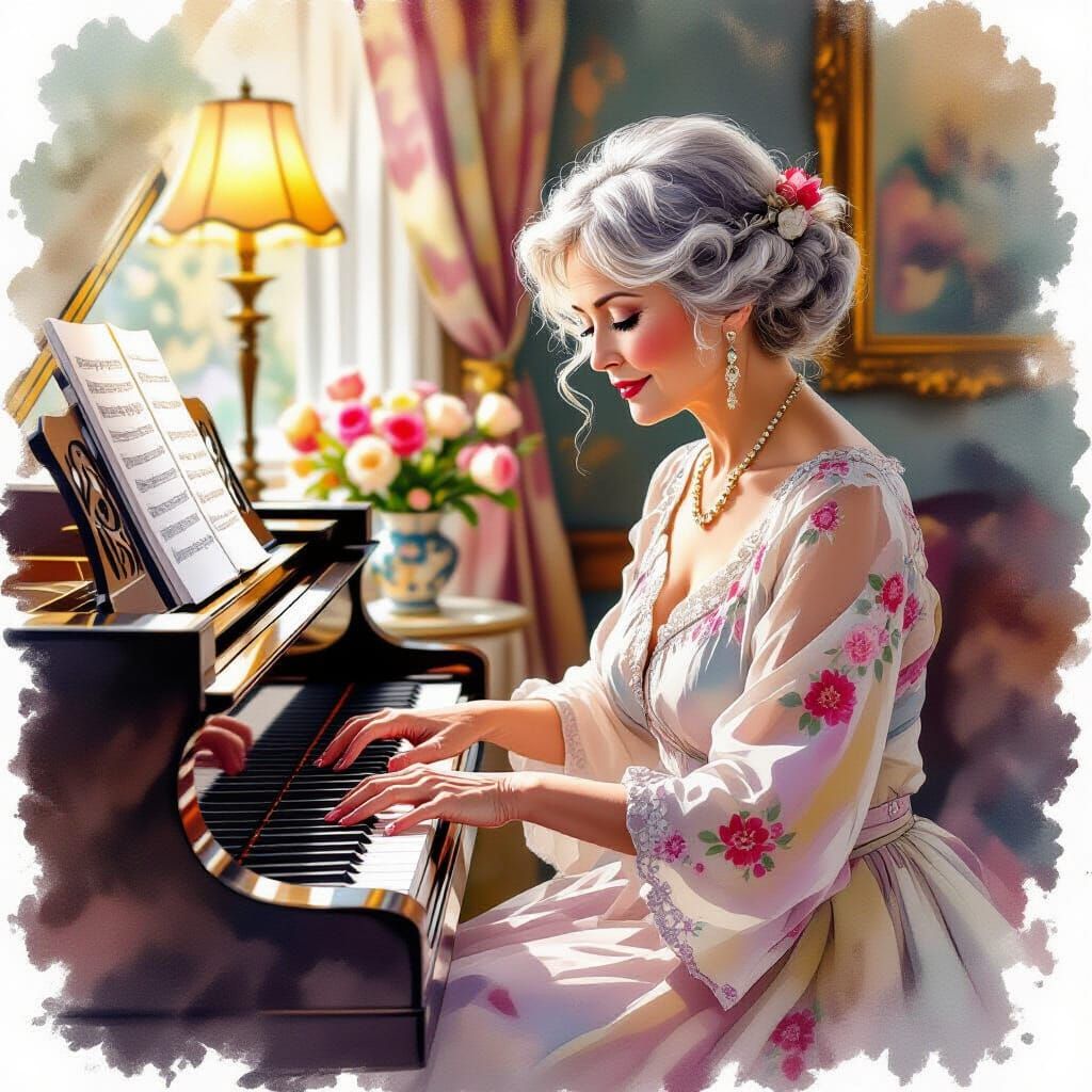 Elegant Woman Playing Piano in Watercolor Realism