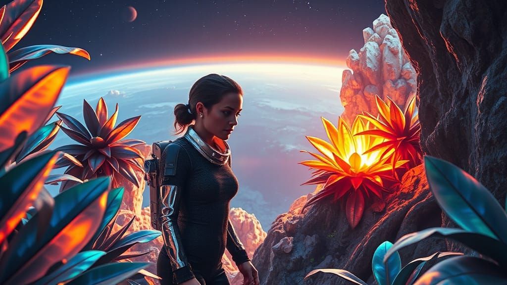 Female Explorer in Bioluminescent Jungle on Gas Giant Moon