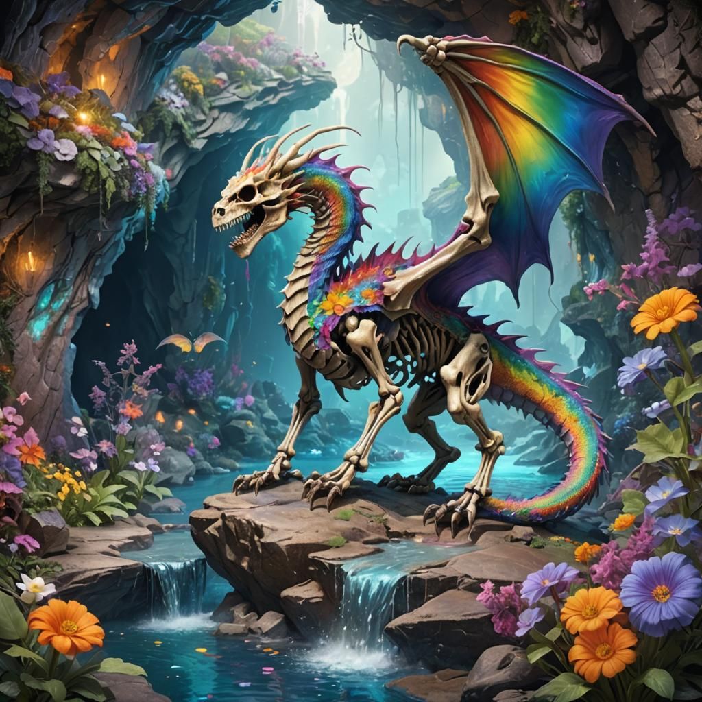 Detailed skeleton rainbow dragon. In a detailed cave. Next t...