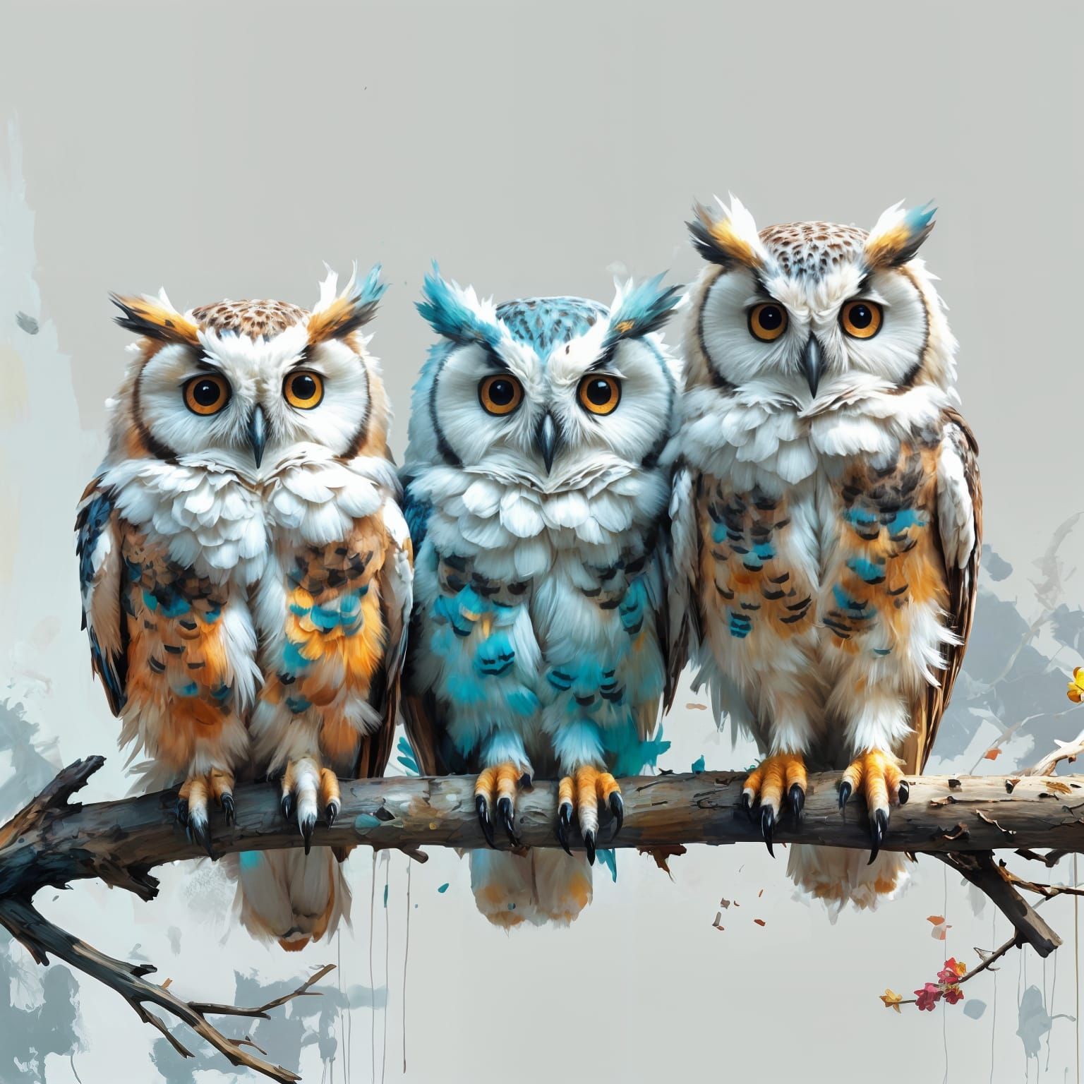 Colorful Fluffy Owls on Branch in Expressive Style