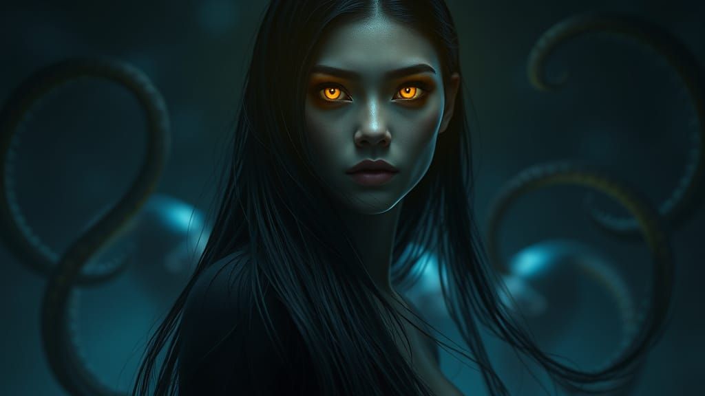 Woman with Glowing Eyes in Dark Photorealistic Style