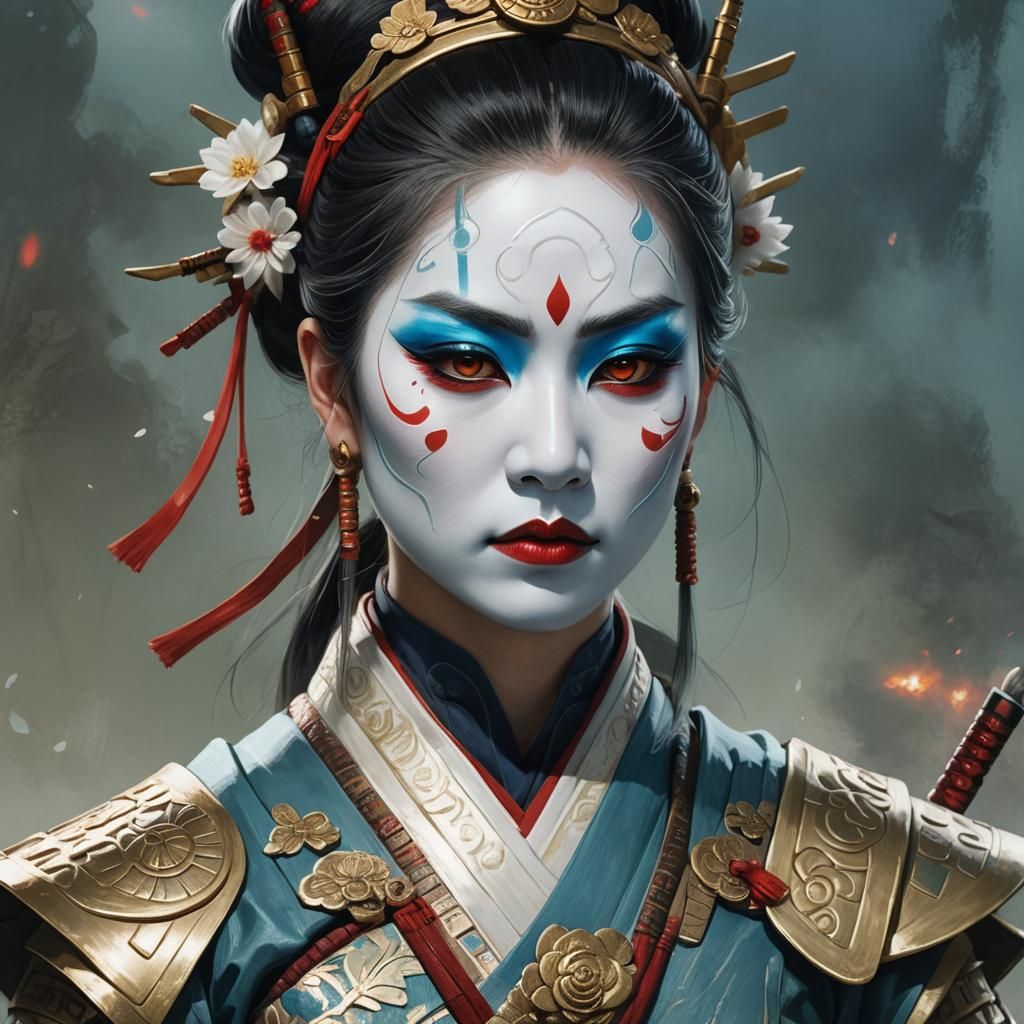 Kyoshi Warrior Portrait with Icy Blue and Golden Colors