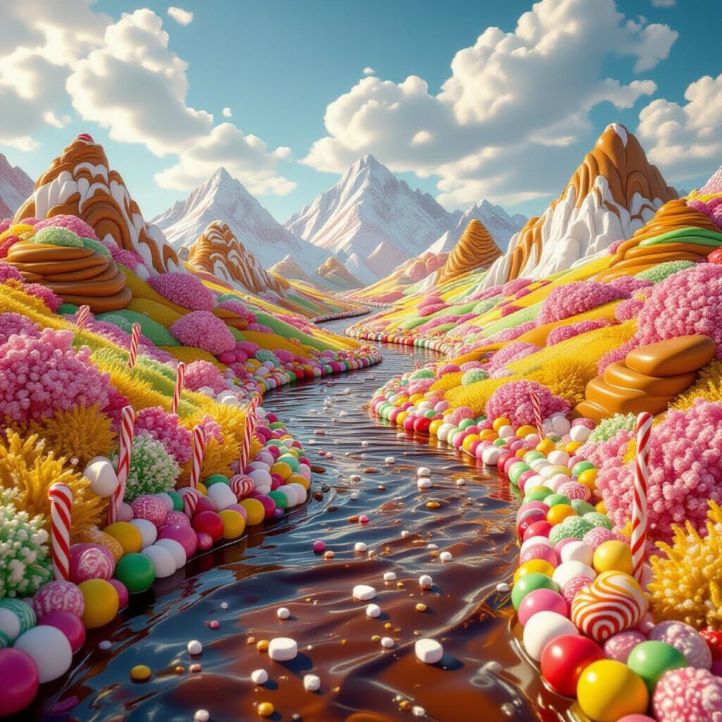 Whimsical Candy Landscape: Chocolate River & Gumdrop Hills