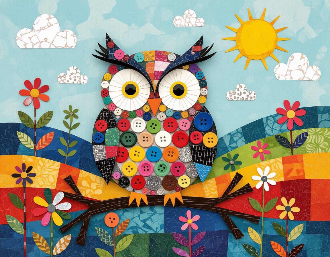 Whimsical Folk Art Landscape with Button Owl