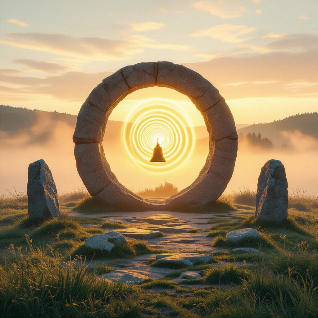 Mystical Stone Circle at Sunrise with Glowing Light