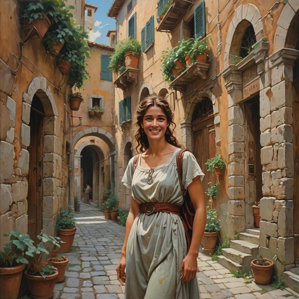 Smiling Woman in Ancient Roman Alley, Oil Painting