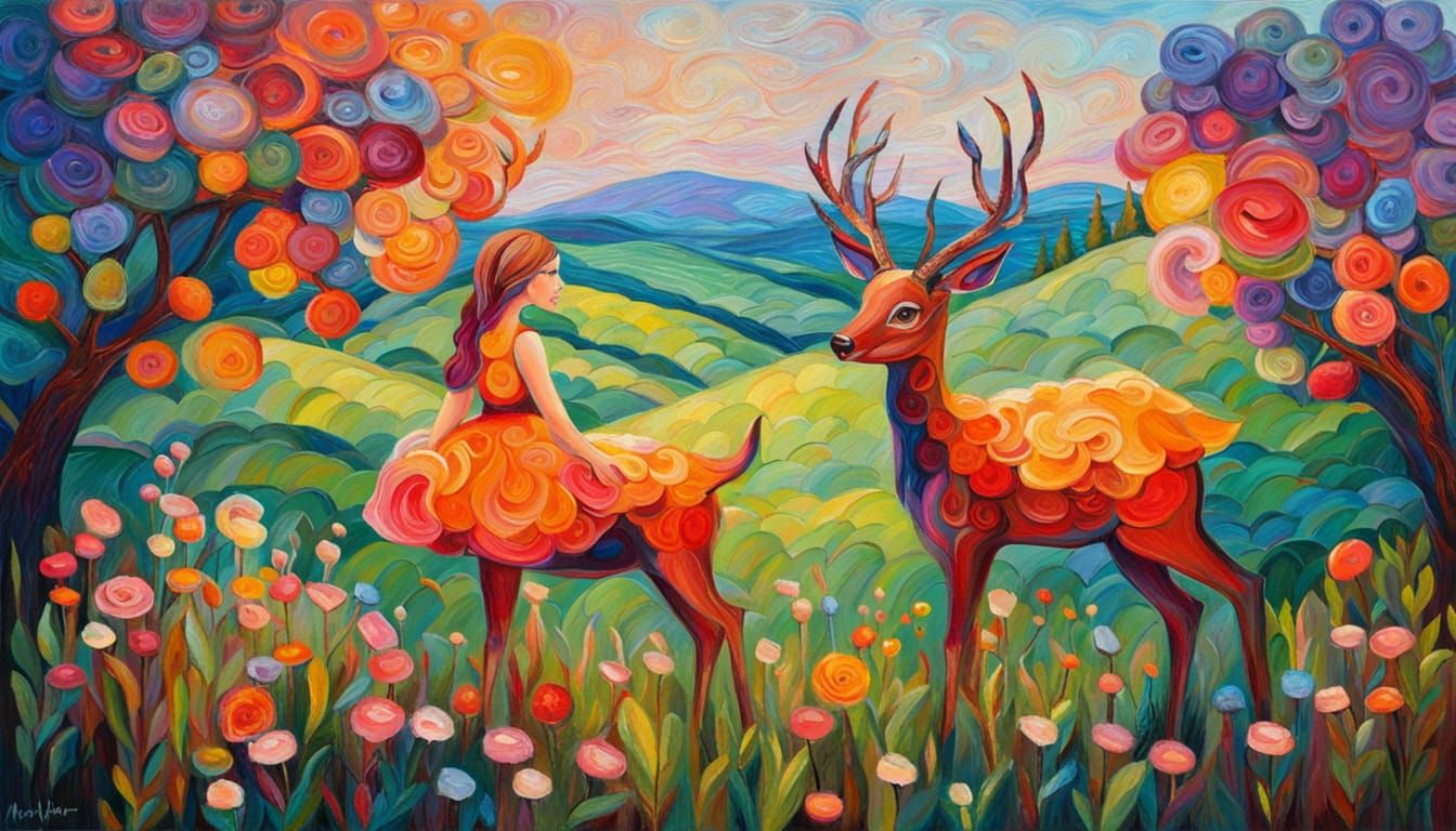 Centaur Girl in Grassy Valley: Expressionist Impasto Paintin...