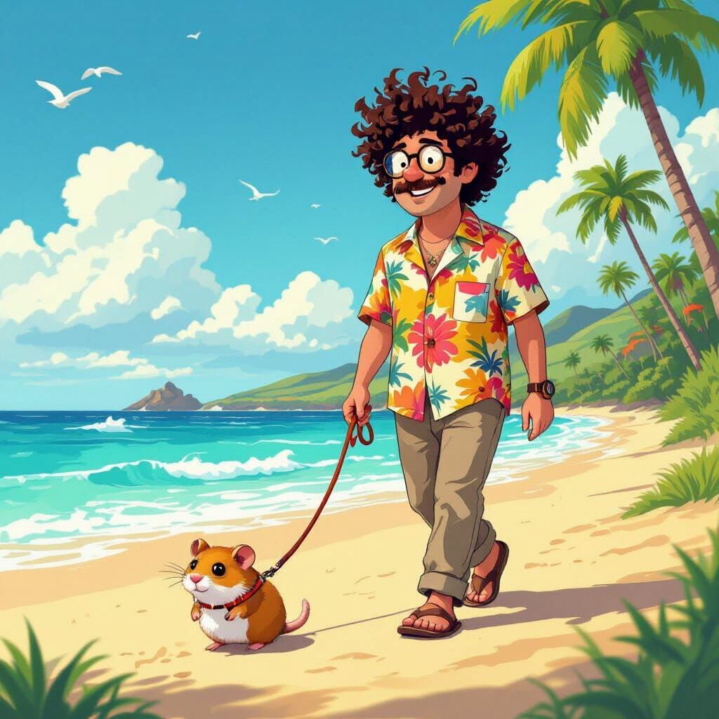 Nerdy Guy and Hamster on Beach, Playful Digital Art