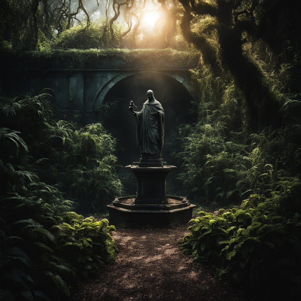 Creepy Abandoned Garden with Statue in Dark Horror Scene