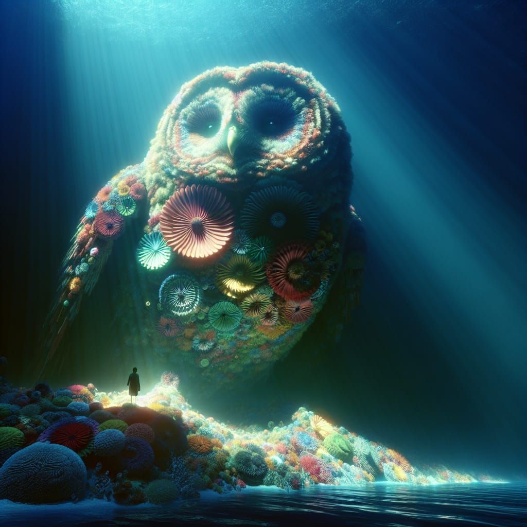 Enchanted Oceanic Owl of Flowers Illuminated by Ethereal Lig...