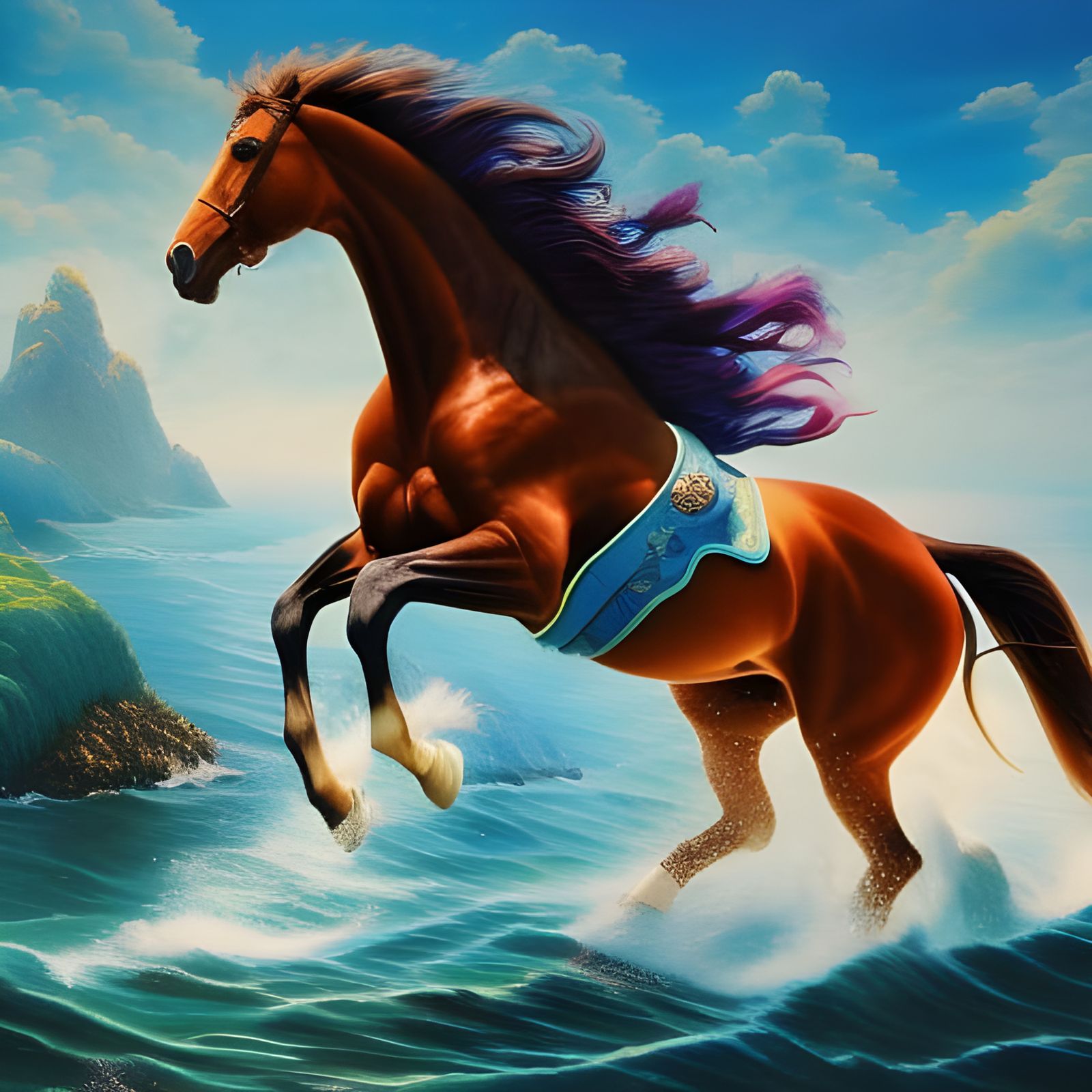 Horse Leaping into Blue Waters: Marbling and Oil Effects