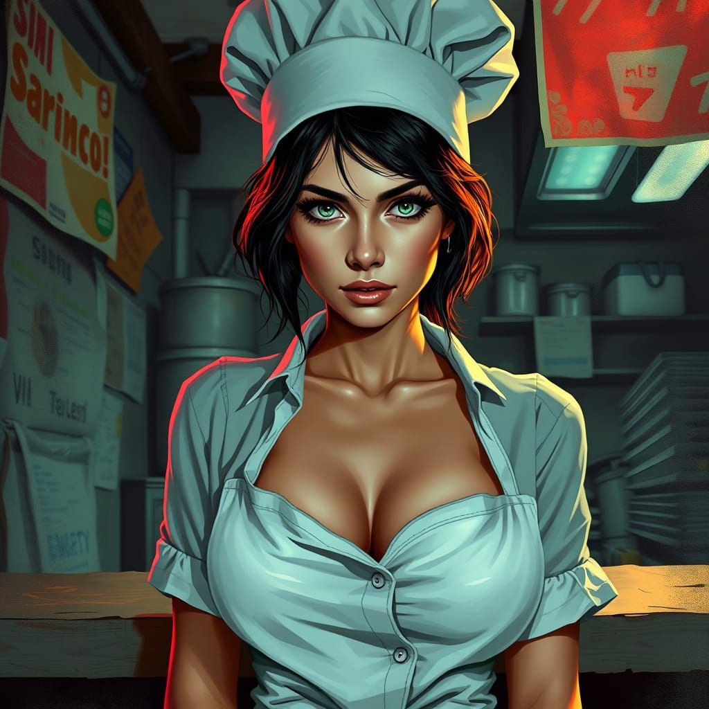 Chef with Jade Eyes in Neon-Lit Kitchen