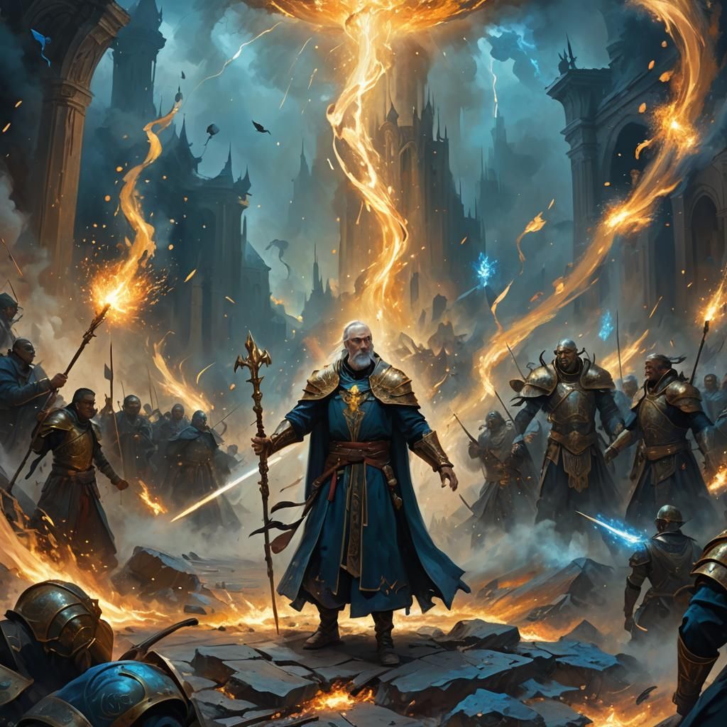 War Priest in Battle with Magic: Oil Painting