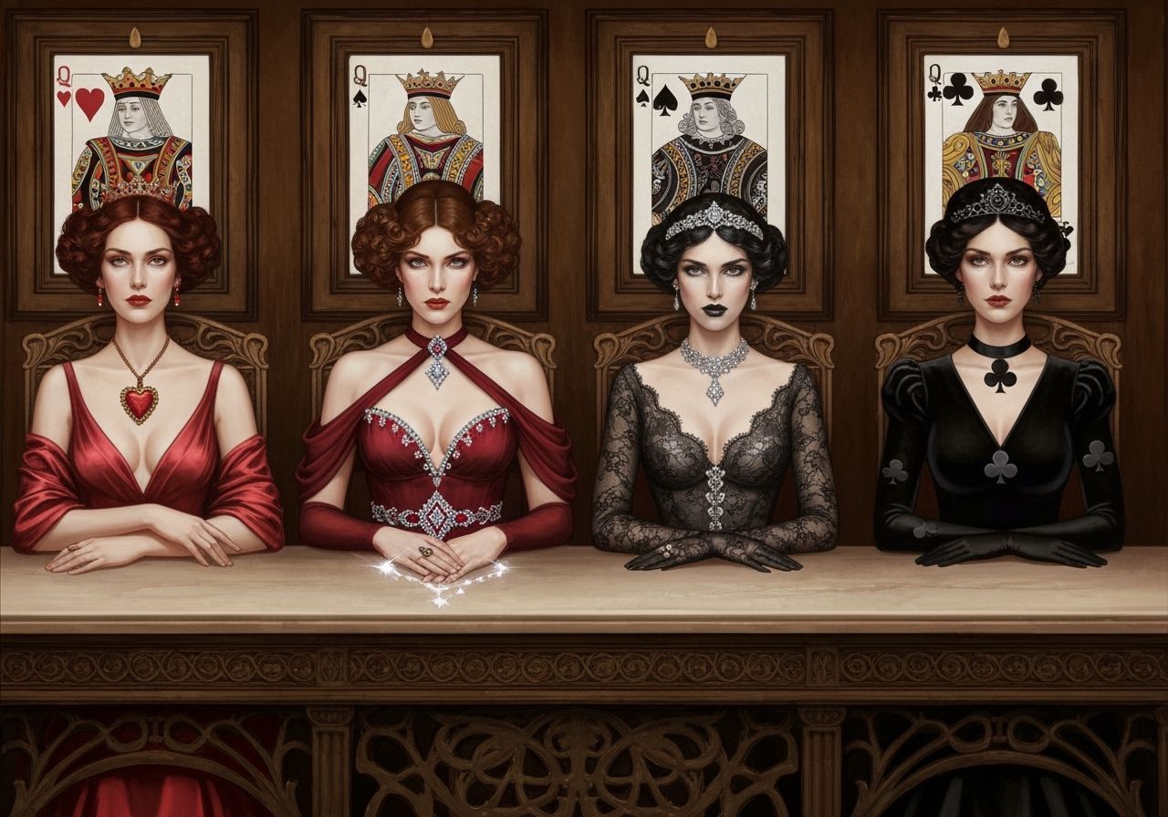 Four Queens of Playing Cards in Art Nouveau Style
