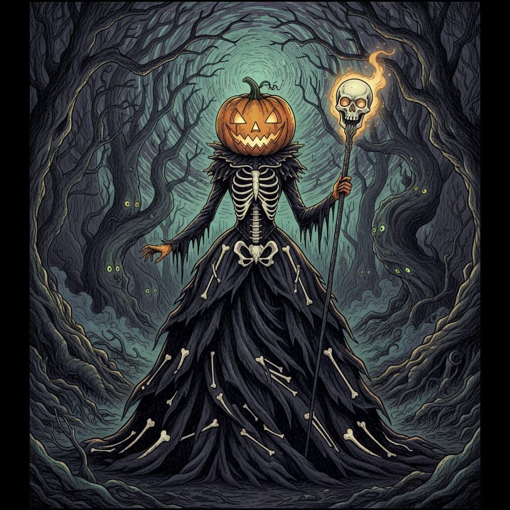 Stylized Jack-o'-lantern in Dark Fantasy Forest