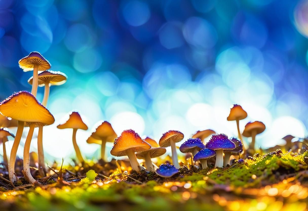 Vibrant Impressionistic Mushrooms on Forest Floor