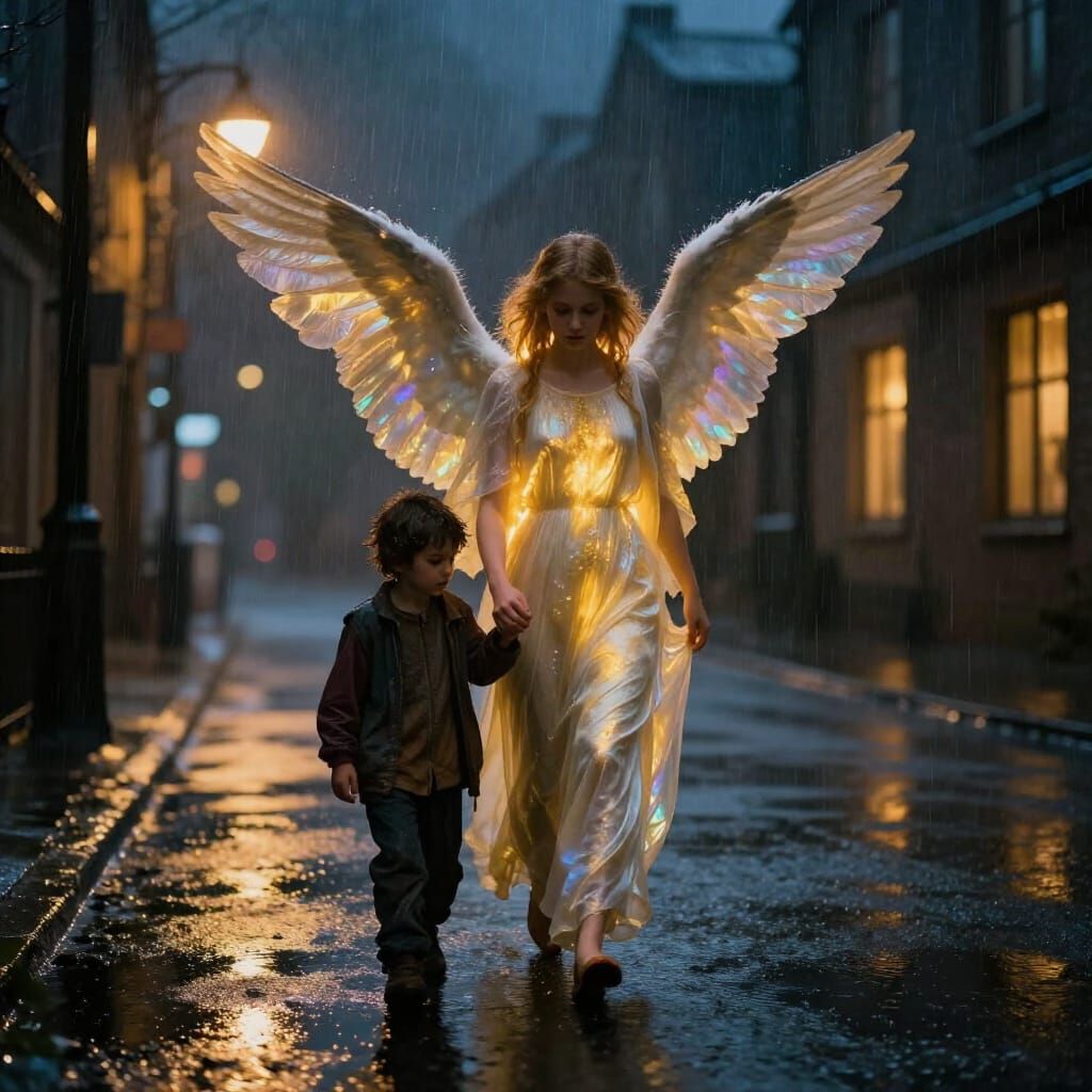 Ethereal Angel Guides Lost Boy Through Rainy Night