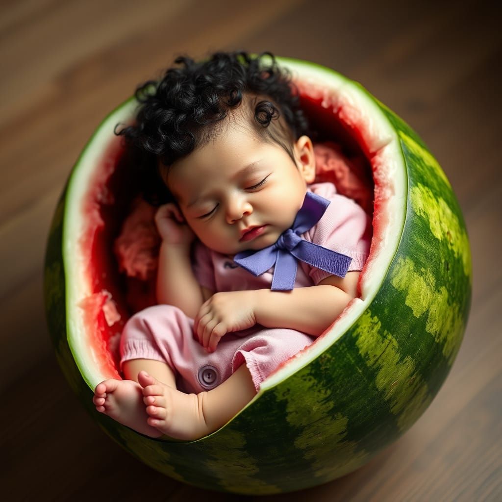Baby Sleeps Peacefully Inside Watermelon in Photorealistic S...