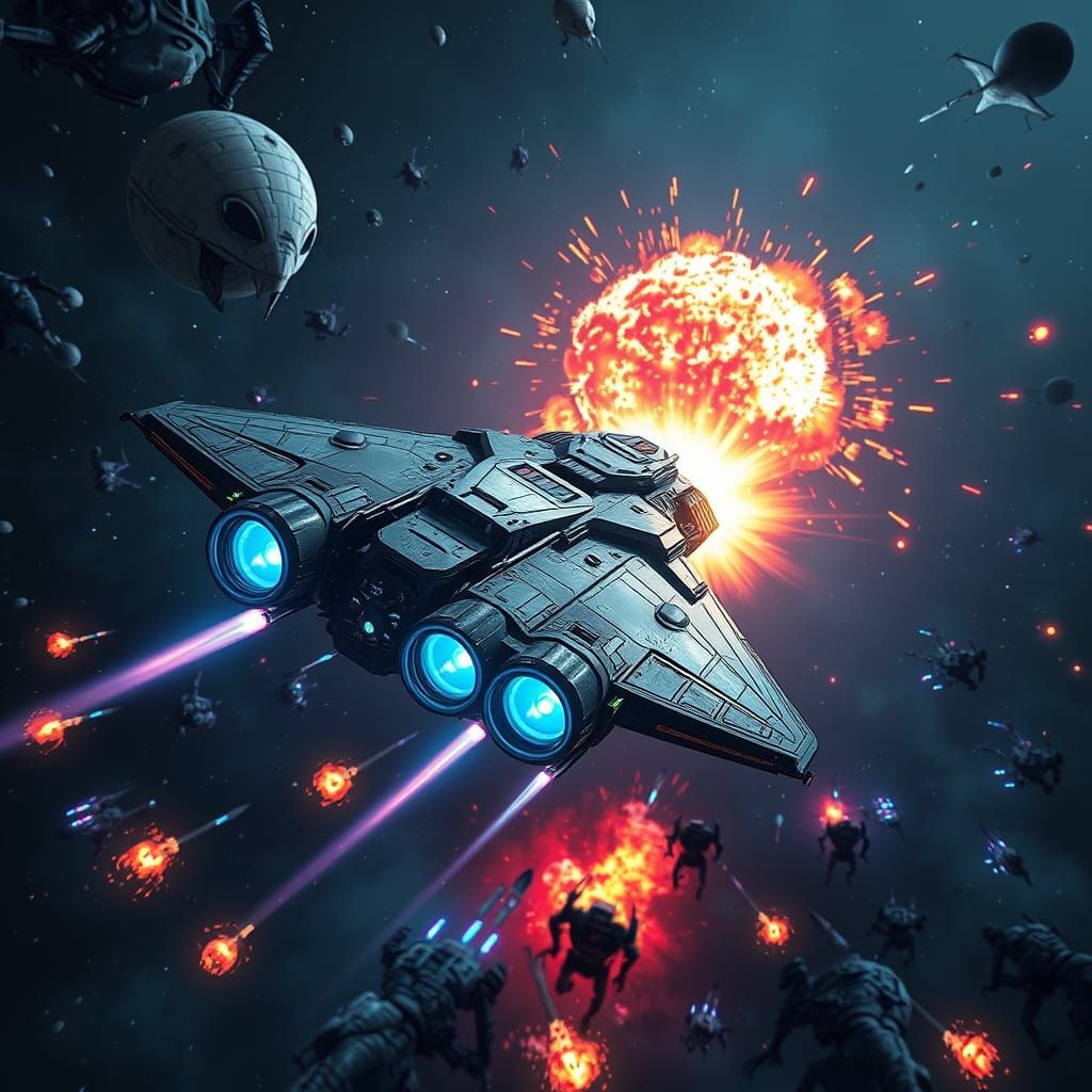 Futuristic Spaceship Battles Aliens in Neon Galaxy