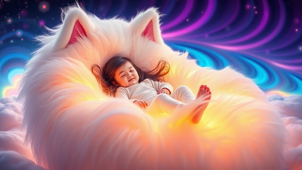 Girl Sleeping in Cat Chair with Rainbow Lights