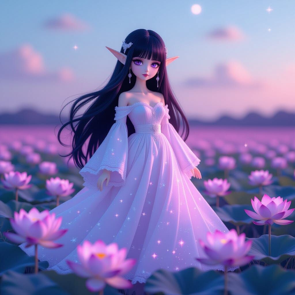 Porcelain Elf Doll in Moonbeam Dress Amidst Lotus Flowers
