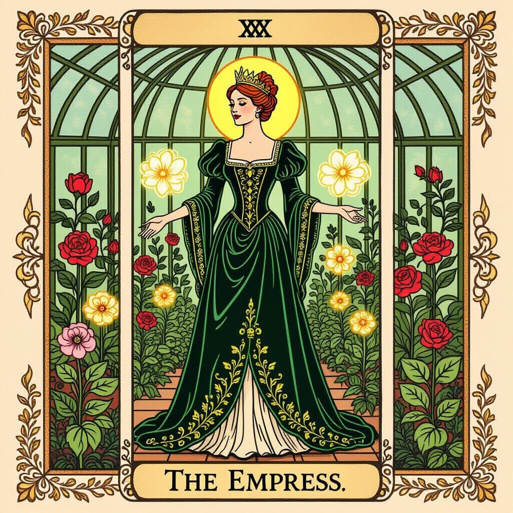 Victorian Empress Tarot Card in Greenhouse