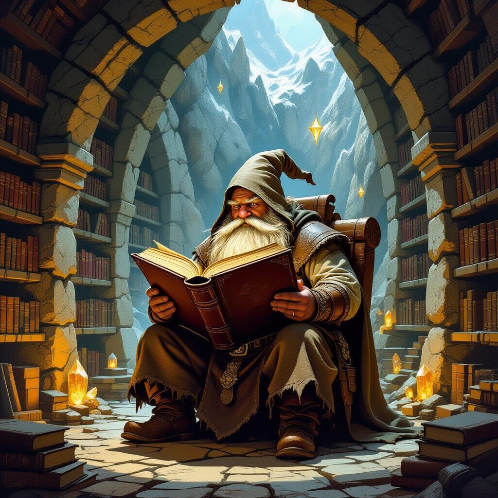 Dwarven Scholar in Mountain Library, Fantasy Art