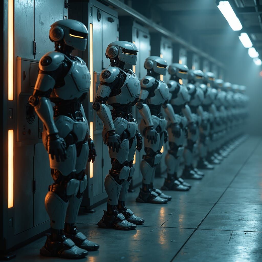 Futuristic Hall with Humanoid Combat Robots