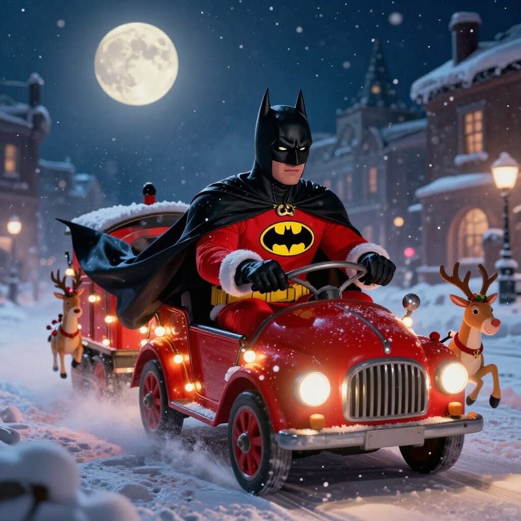 Batman Noel Drives His Christmas Sleigh Car Through Snowy Ci...