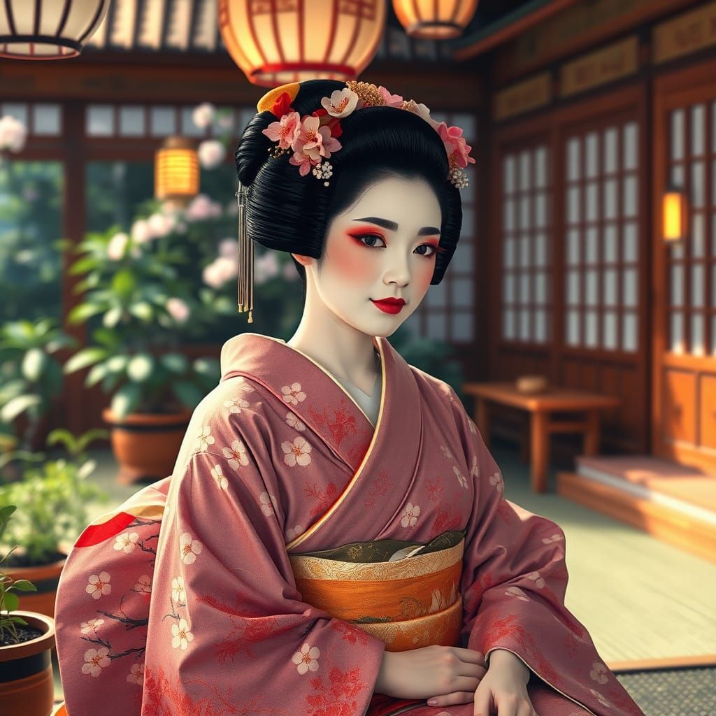 Geisha in Tea House: Ukiyo-e Woodblock Print Style