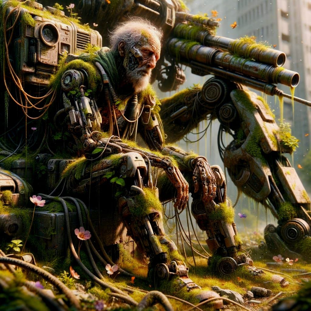 Cyborg Overgrown by Nature in War-Torn Cityscape