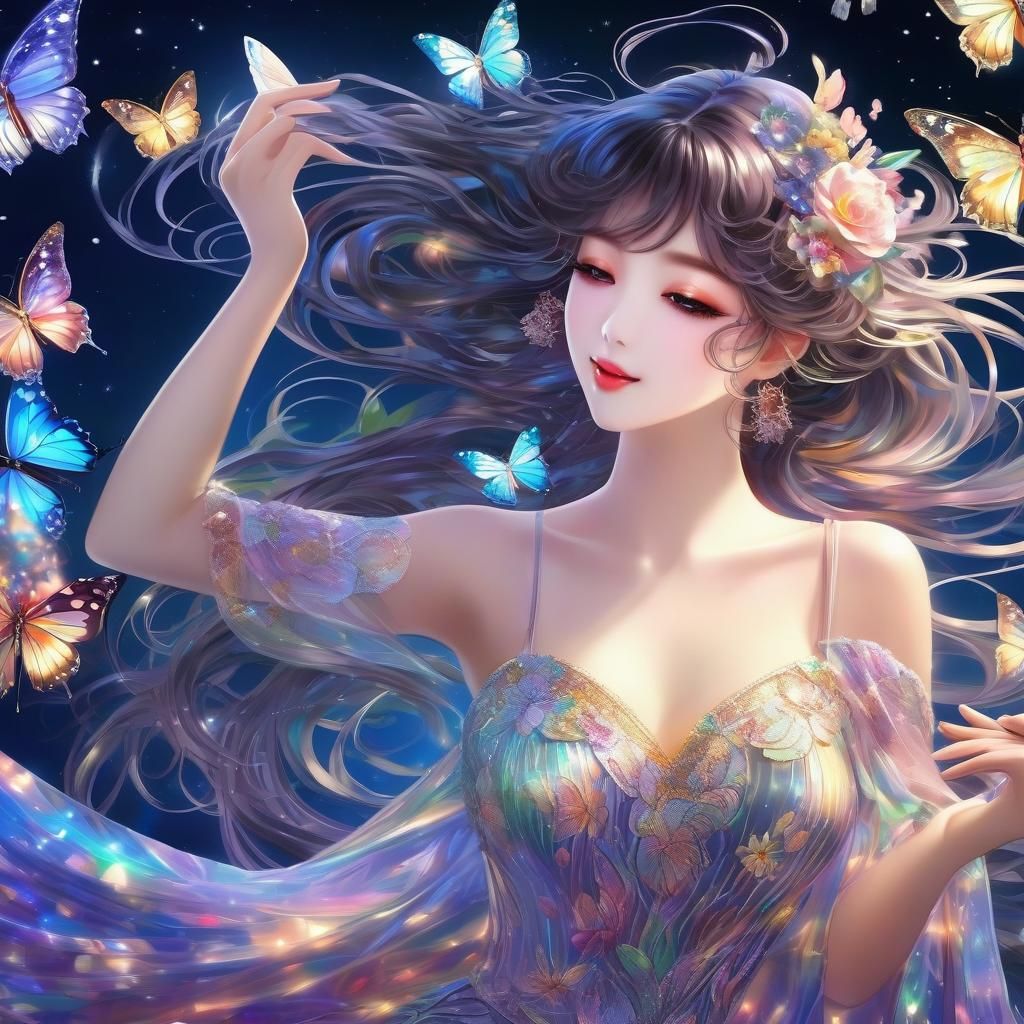 Moonlit Butterfly Anime Woman in Painterly Style