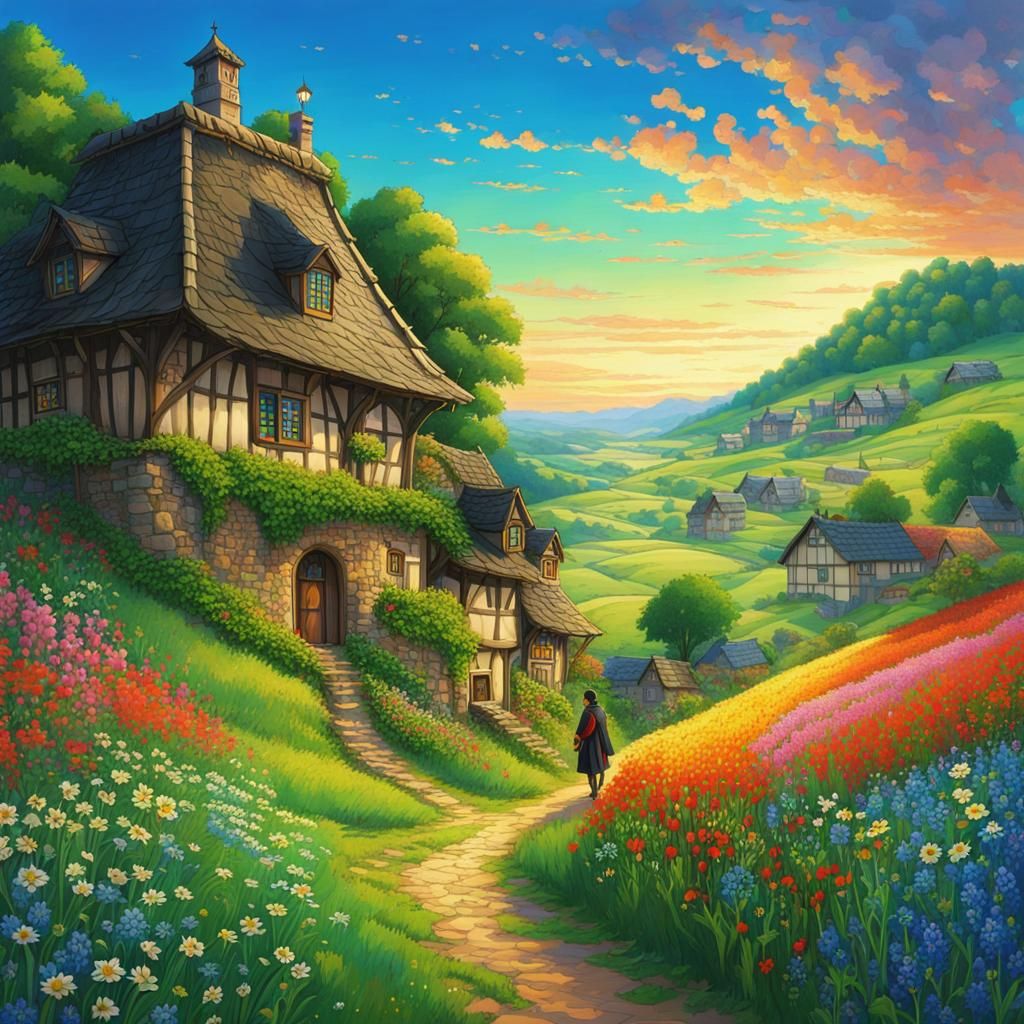 Anime Man at Crossroads in Medieval Countryside