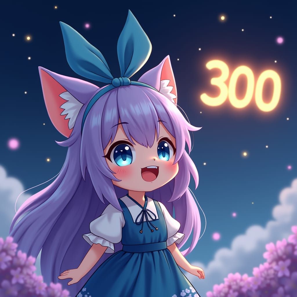 Adorable Chibi Catgirl Celebrates Milestone in Starry Sky