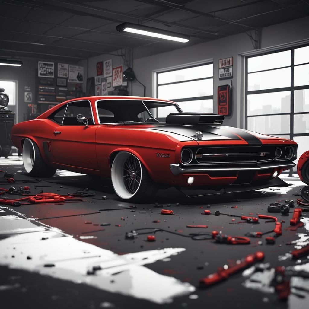 Car Meet in Garage: Vector Muscle Car Art