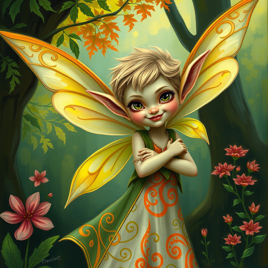Whimsical Fairy Elf in Neon Green and Orange