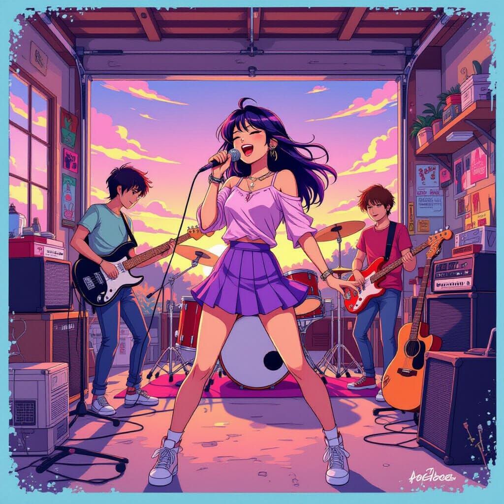 Teenage Rock Band Rehearsal in Playful Style