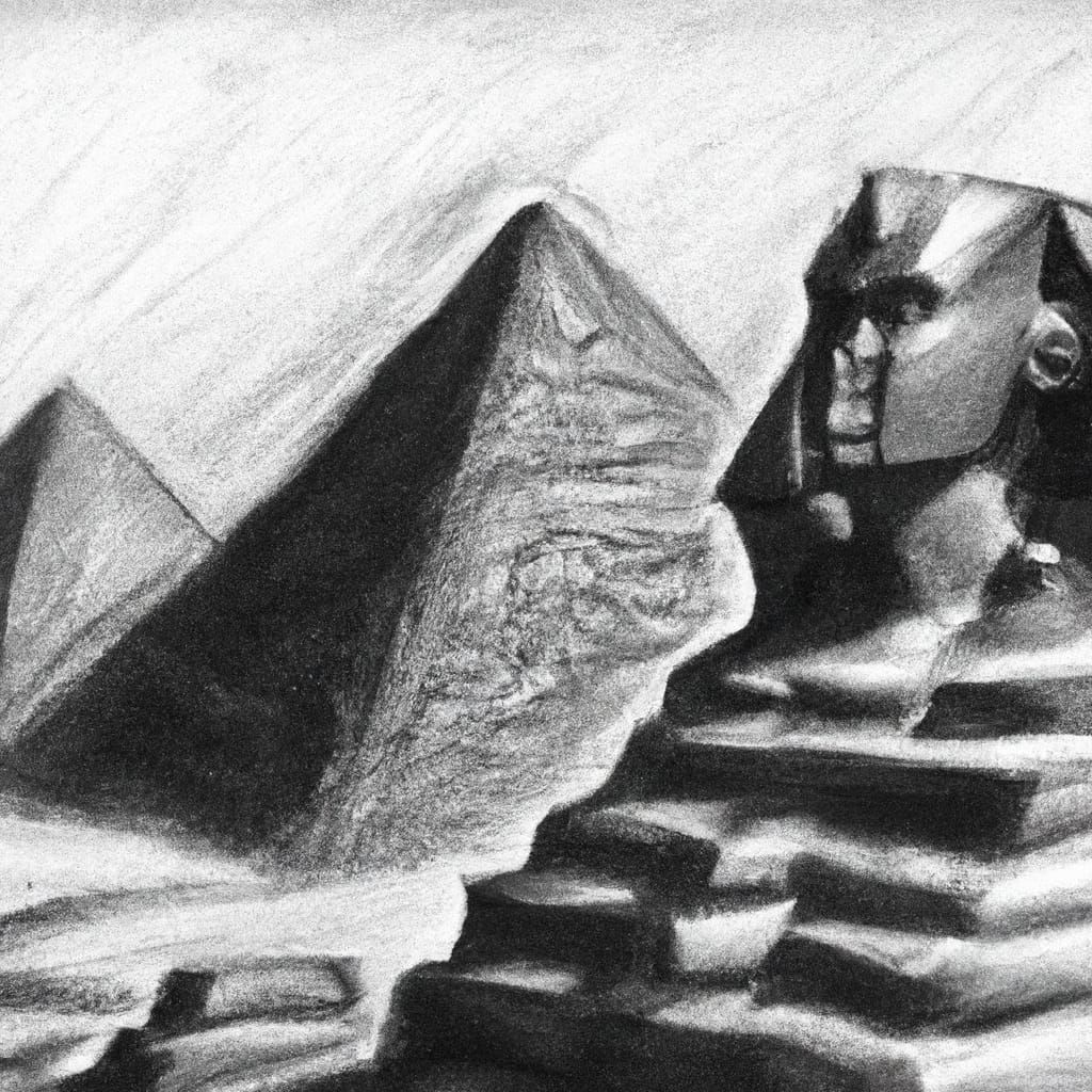 Egyptian Pyramids and Sphinx Charcoal Drawing