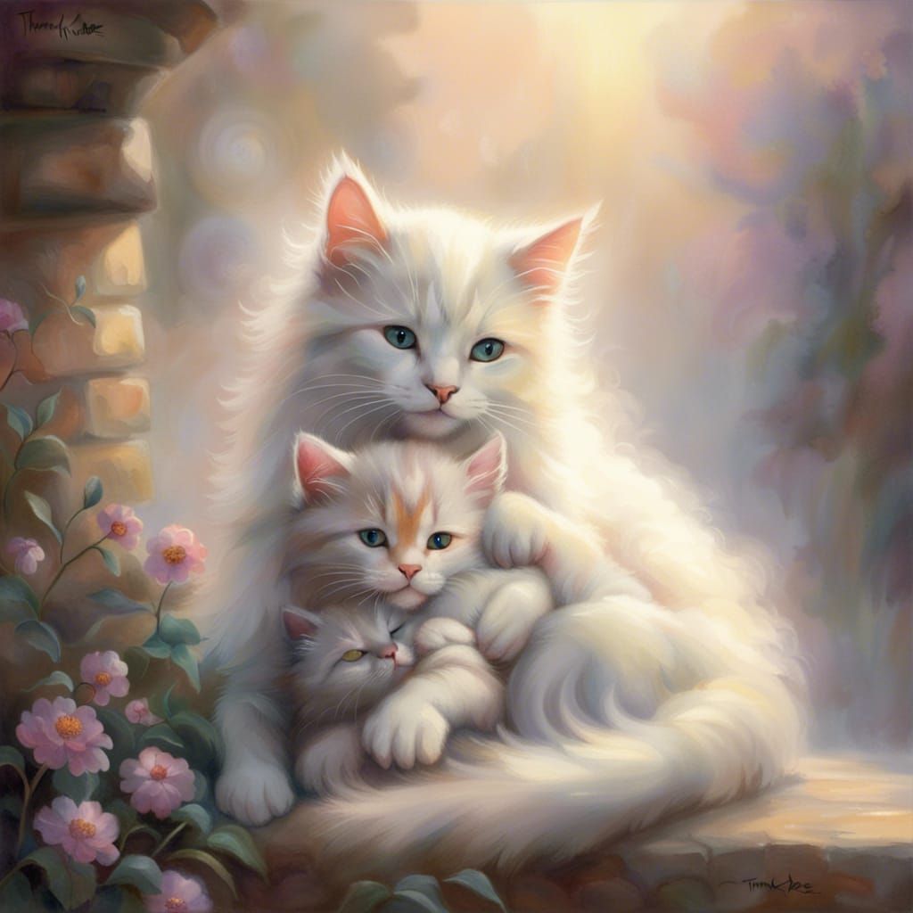 Cat and Kitten Cuddle in Dreamy Style