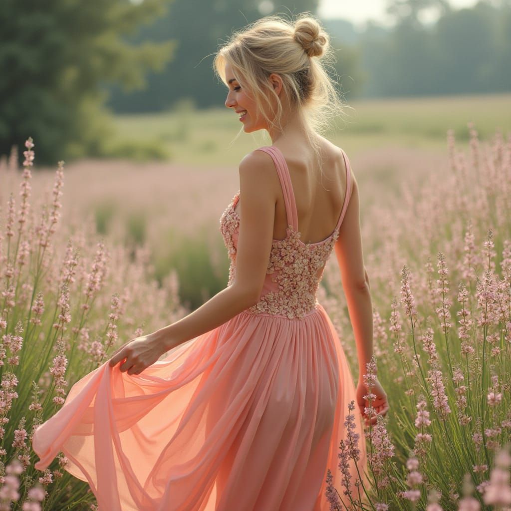 Woman in Lavender Field, Art Nouveau Style