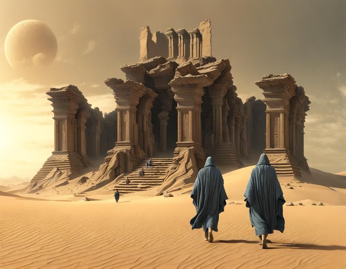 Three Fremen in stillsuits and desert robes walk past the ruins of an ancient temple on Dune. Photorealistic hyperdetail...